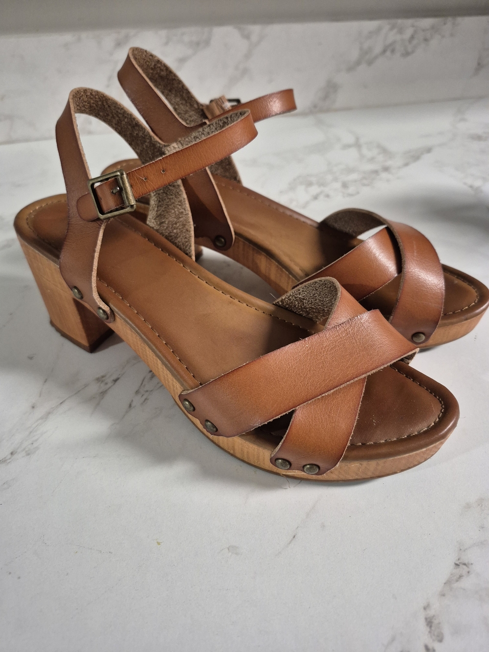 MIA Brown Leather Block Heel Sandals